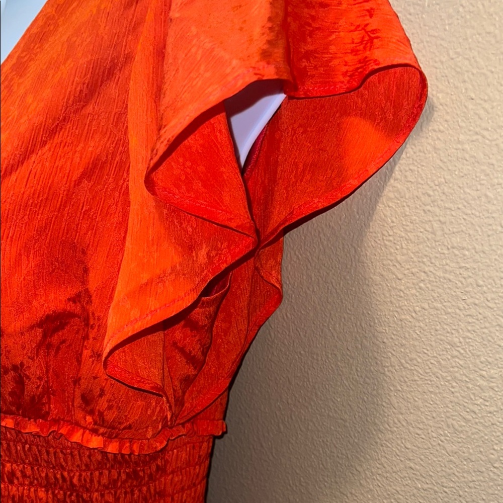 Leith Orange Red Smocked Midi Dress V-Neck Flutter Sleeve Side Slit Size XS - Picture 7 of 12